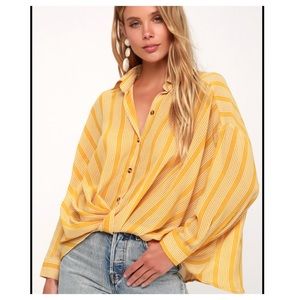 Lulus Mustard Yellow Striped Twisted High-Low Button-Up Top